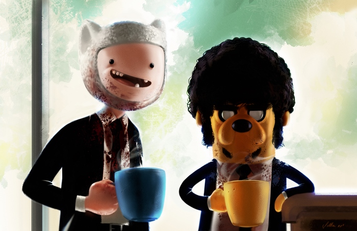 Finn and Jake from Adventure Time in suits