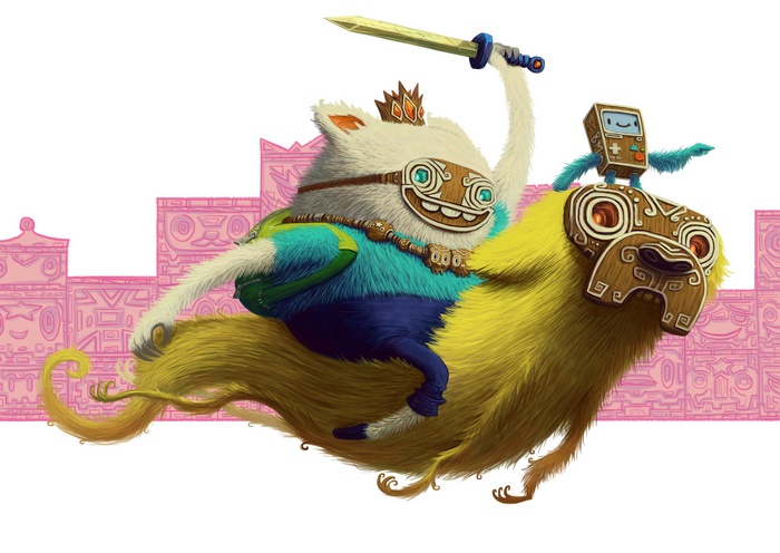 Finn and Jake from Adventure Time riding Jake