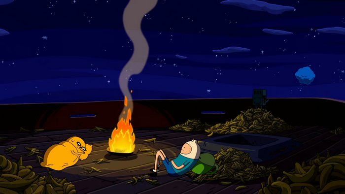 Jake and Finn Resting by Campfire at Night