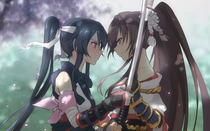 Two girls with swords facing each other