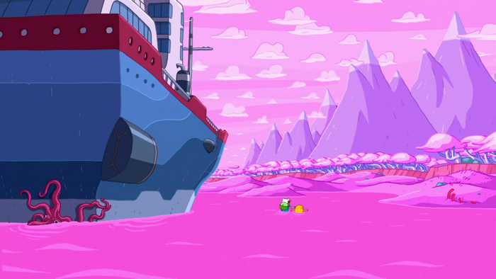 Jake from Adventure Time on a ship in a pink sea