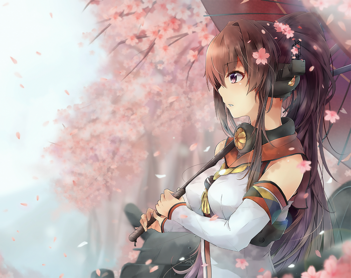 Yamato from Kancolle with umbrella under cherry blossoms