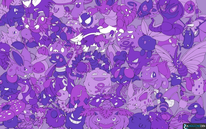 Pokemon characters in purple and pink