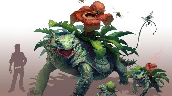 Venusaur and Ivysaur from Pokémon with a trainer