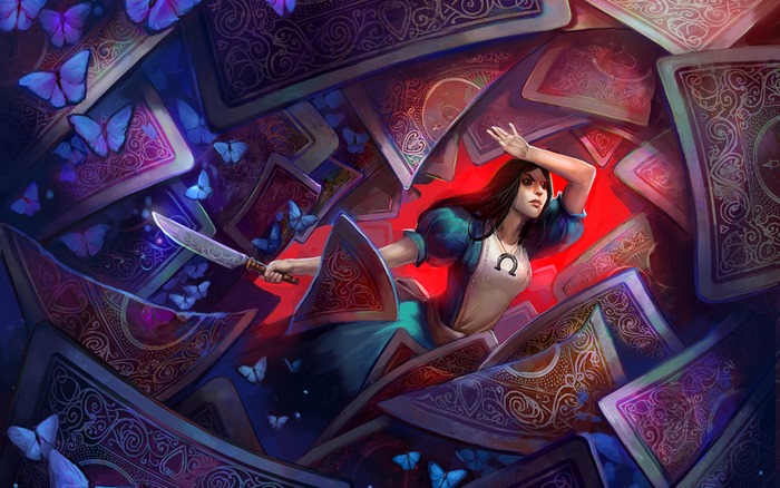 Alice from Alice in Wonderland with playing cards and butterflies