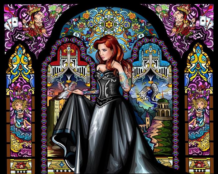 Woman in black dress in stained glass window