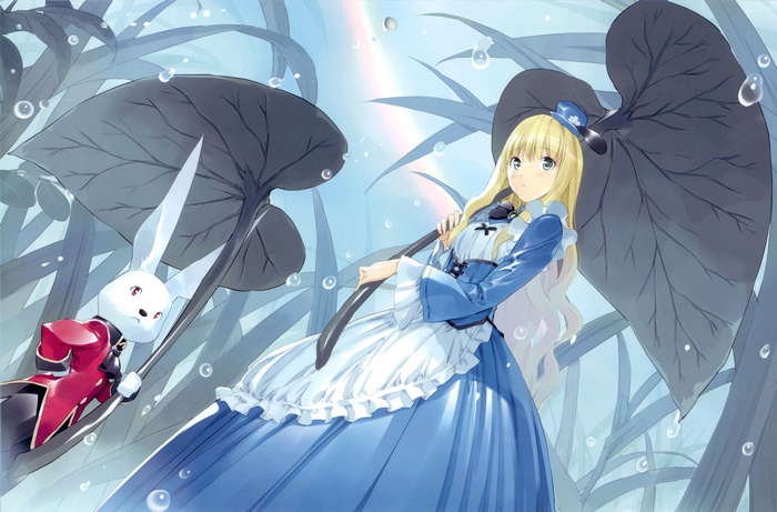 Alice from Alice in Wonderland with a rabbit