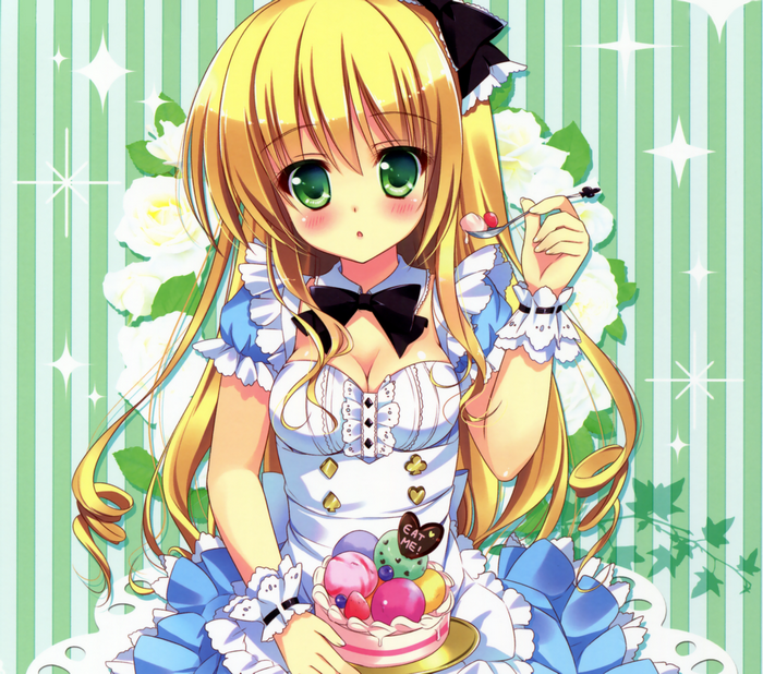 Alice from Alice in Wonderland eating dessert