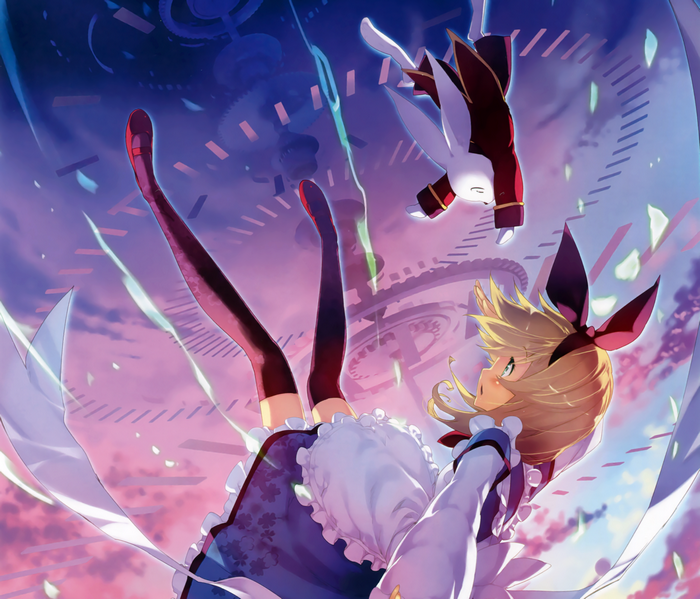 Alice from Alice in Wonderland falling with a White Rabbit