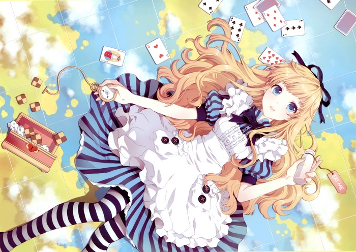 Alice from Alice in Wonderland with cards and pocket watch
