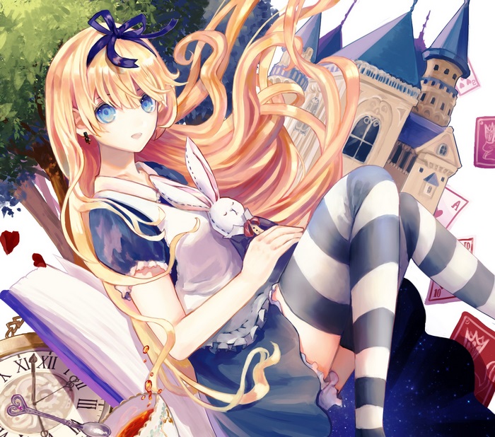 Alice from Alice in Wonderland with a castle and clock
