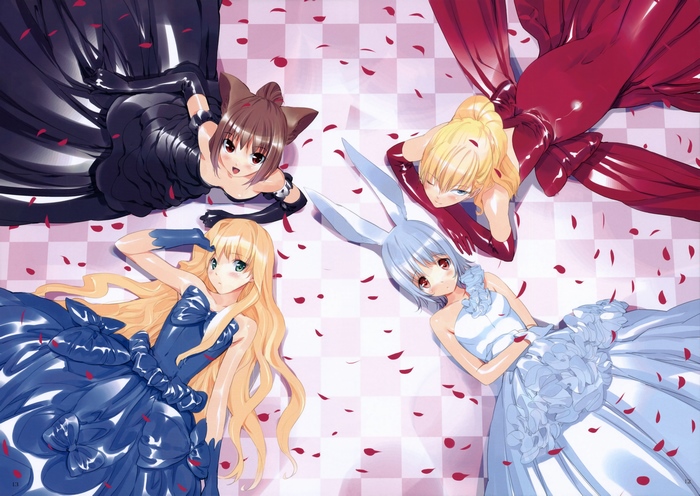 Four anime girls in dresses with rose petals