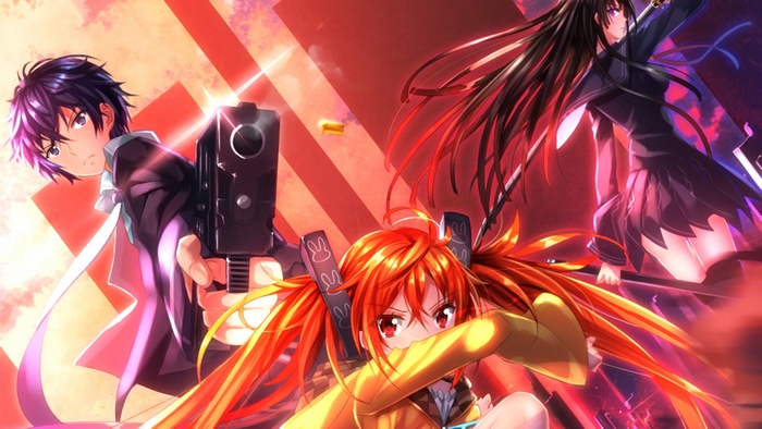 Enju Aihara and companions with guns and swords