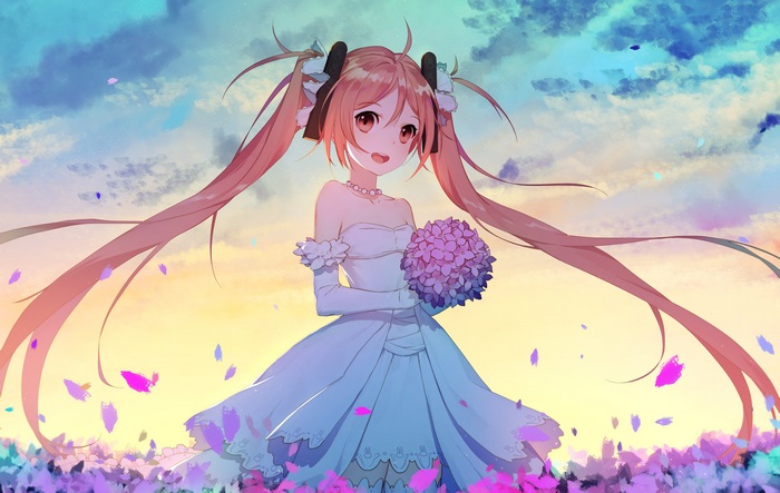 Enju Aihara in a wedding dress holding flowers