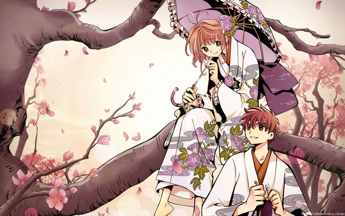 Sakura Kinomoto and Syaoran Li under a cherry blossom tree