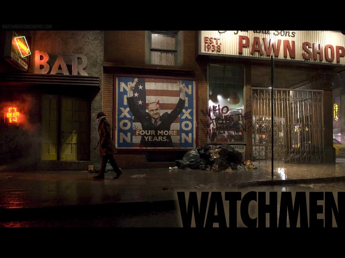 Rorschach from Watchmen on a rainy street