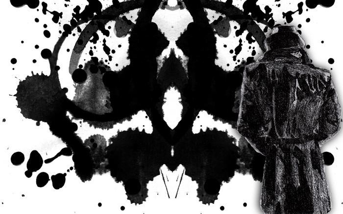 Rorschach test with a figure in a trench coat