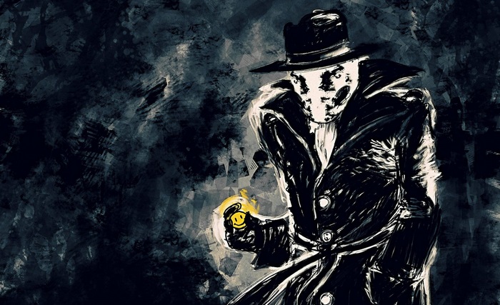 Rorschach holding a smiley pin