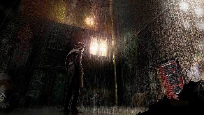 Rorschach in a rainy alley