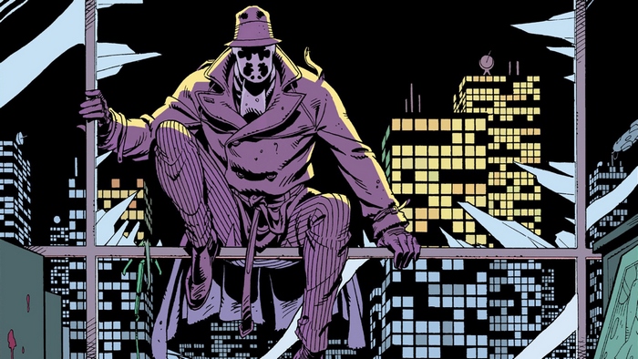 Rorschach from Watchmen on a rooftop