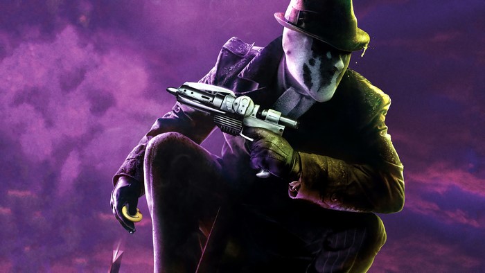 Rorschach from Watchmen holding a gun