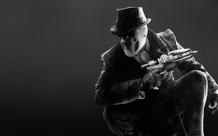 Rorschach from Watchmen holding a gun