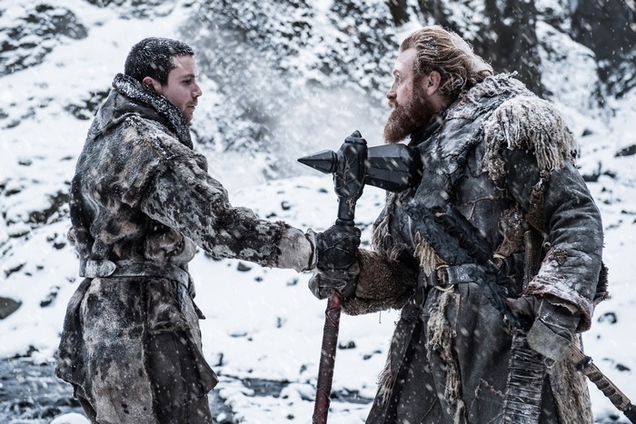 Gendry and Tormund from Game of Thrones in snow