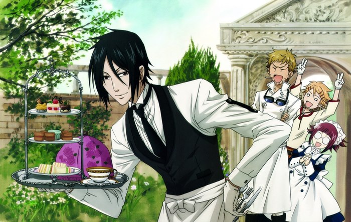 Sebastian Michaelis serving tea to maids and butler