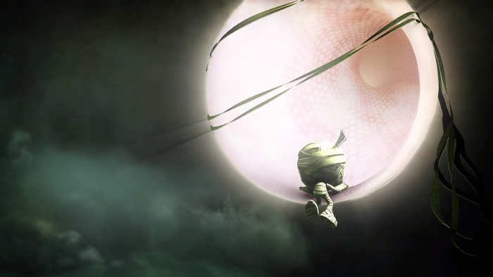 Amumu from League of Legends sitting on a large moon