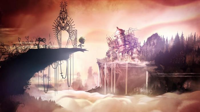 Character on cliff overlooking city and forest