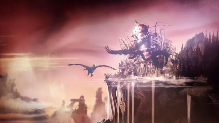 Two birds flying near a floating city