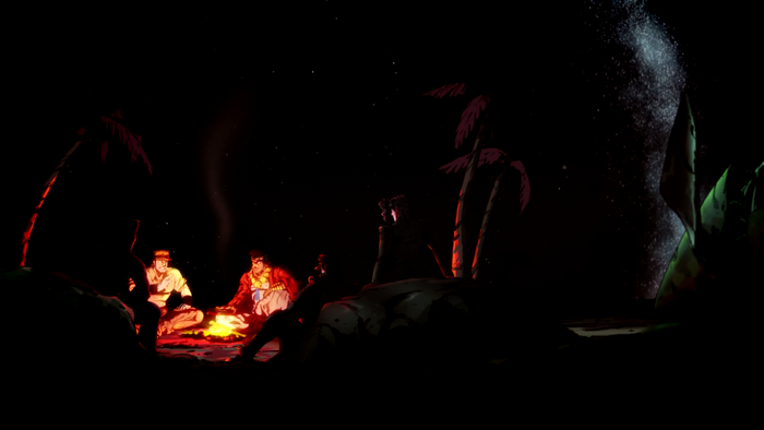 Jean Pierre Polnareff and companions by campfire