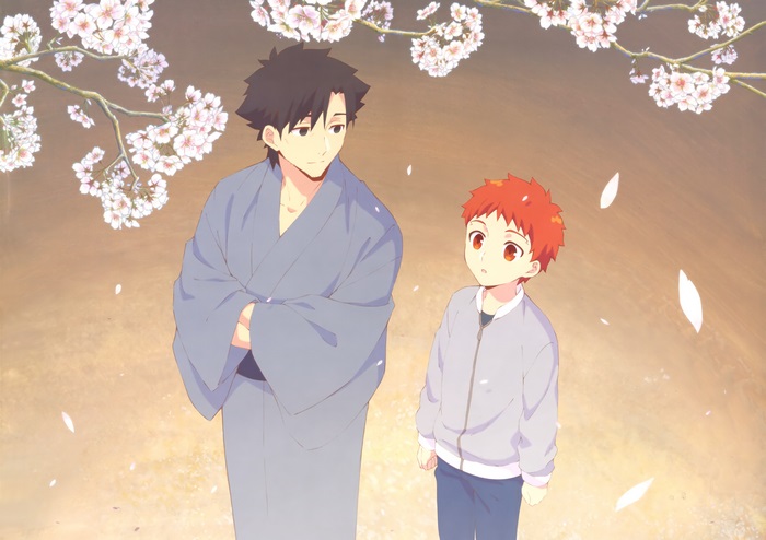 Kiritsugu Emiya and Shirou Emiya under cherry blossoms