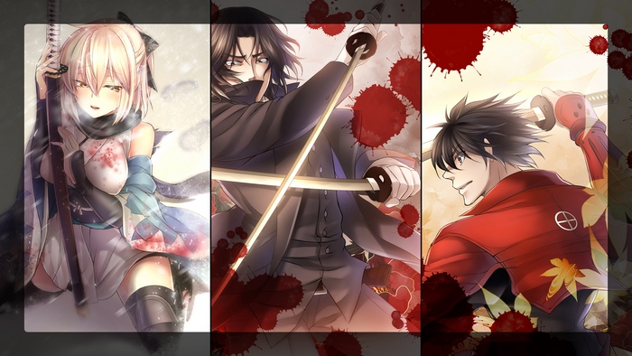 Three samurai characters with swords and blood splatters
