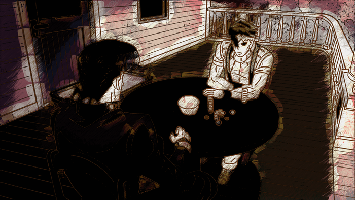 Rohan Kishibe playing cards on a porch