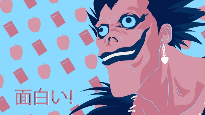 Ryuk from Death Note with apples and notebooks