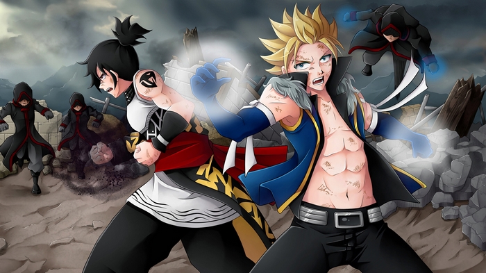 Rogue Cheney and Sting Eucliffe fighting hooded figures