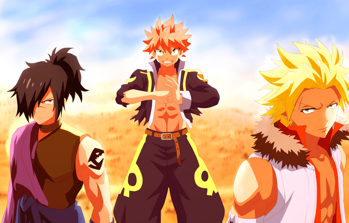 Three male anime characters in a field