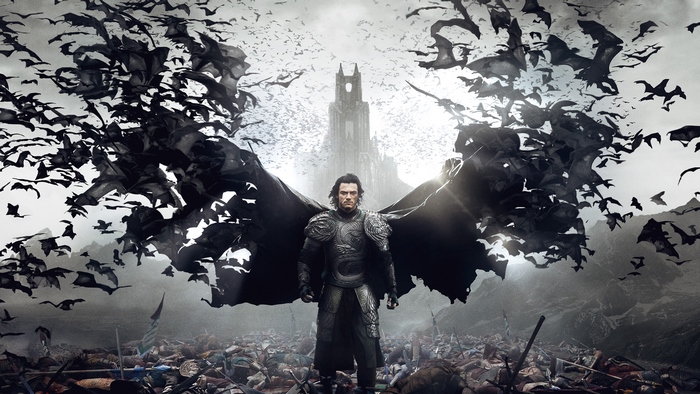 Dracula surrounded by bats and dead soldiers