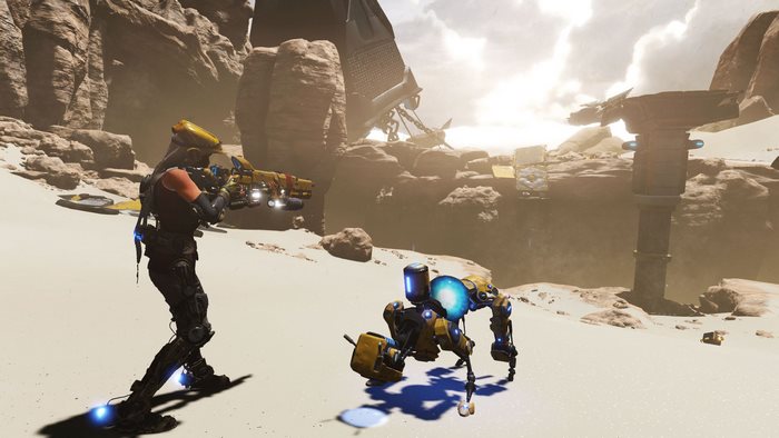 Joule Adams with a robot companion in a desert landscape