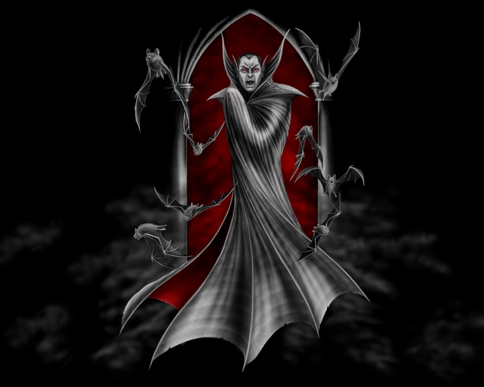Dracula with bats and gothic arch