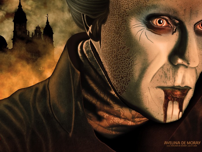 Dracula with blood dripping from mouth and castle in background