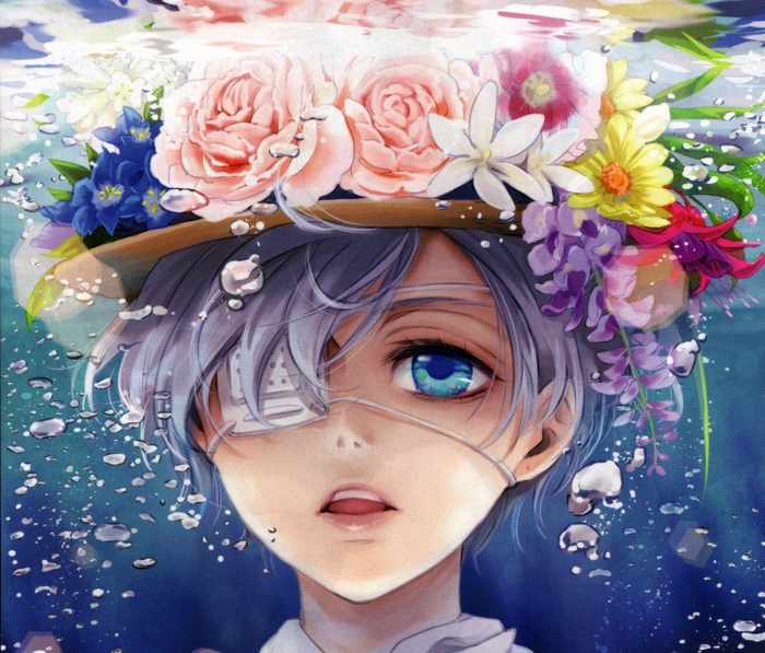 Ciel Phantomhive wearing a flower hat underwater