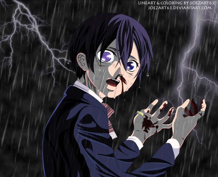 Ciel Phantomhive in the rain with lightning