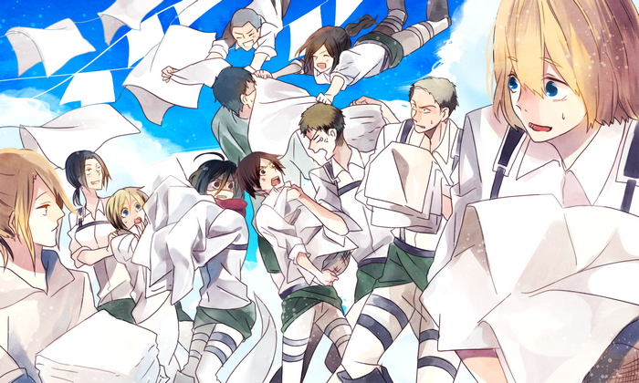 Attack on Titan characters in a chaotic scene
