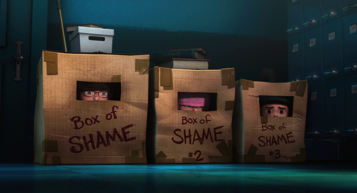 Margo from Despicable Me in boxes of shame
