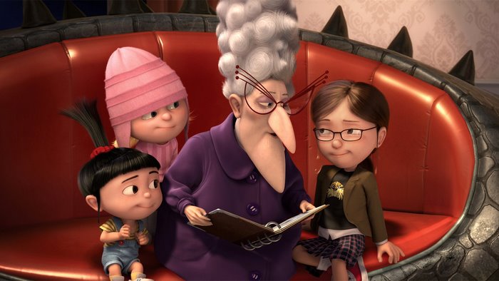 Agnes, Margo, and Edith with Miss Hattie from Despicable Me