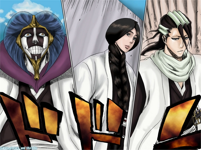 Mayuri Kurotsuchi and two other characters from Bleach