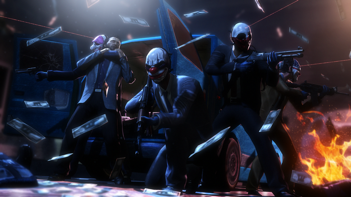 Dallas from Payday with masked criminals and money