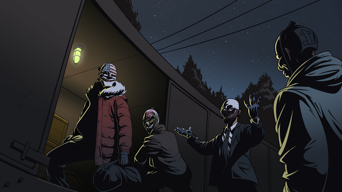Dallas from Payday and crew at a train car